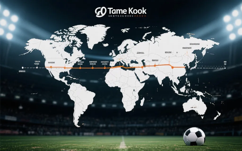 世界地图上的多时区比赛时间轴，标注亚洲欧洲南美不同时段开球，视觉化赛程对比